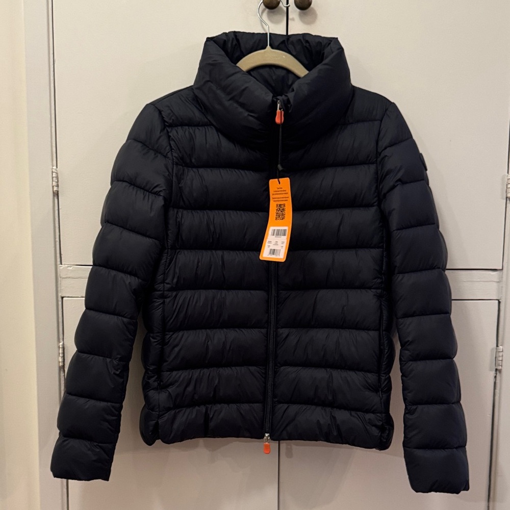 SAVE THE DUCK Navy Blue Quilted Puffer Jacket with Orange Zip Pull